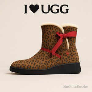 UGG I Heart UGG Knotty Mini Leopard Shearling Boots Red Bow Women’s Size 7M